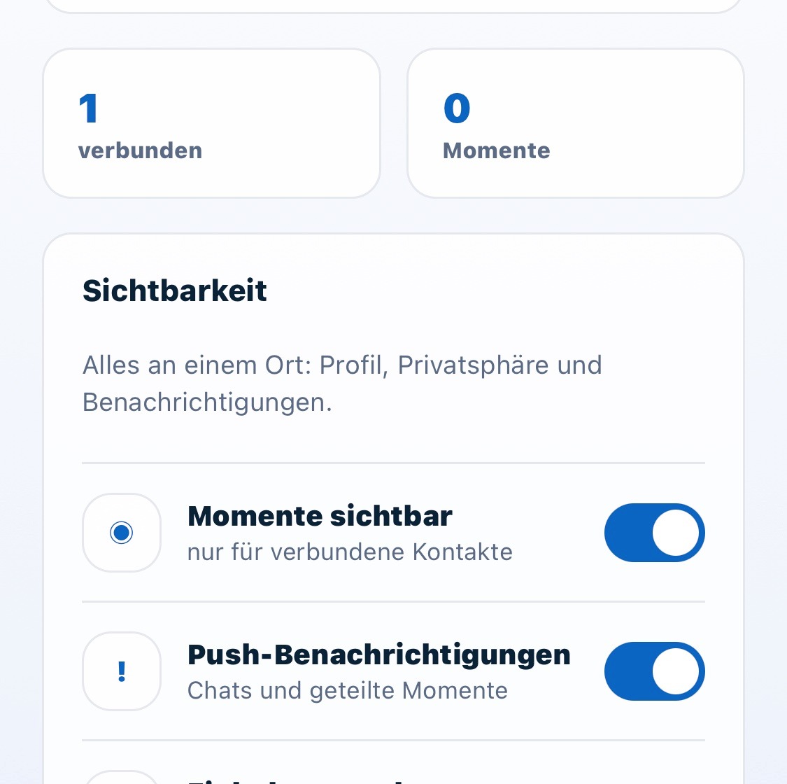 Profil-Screen im Campus-Modus mit Sichtbarkeitseinstellungen